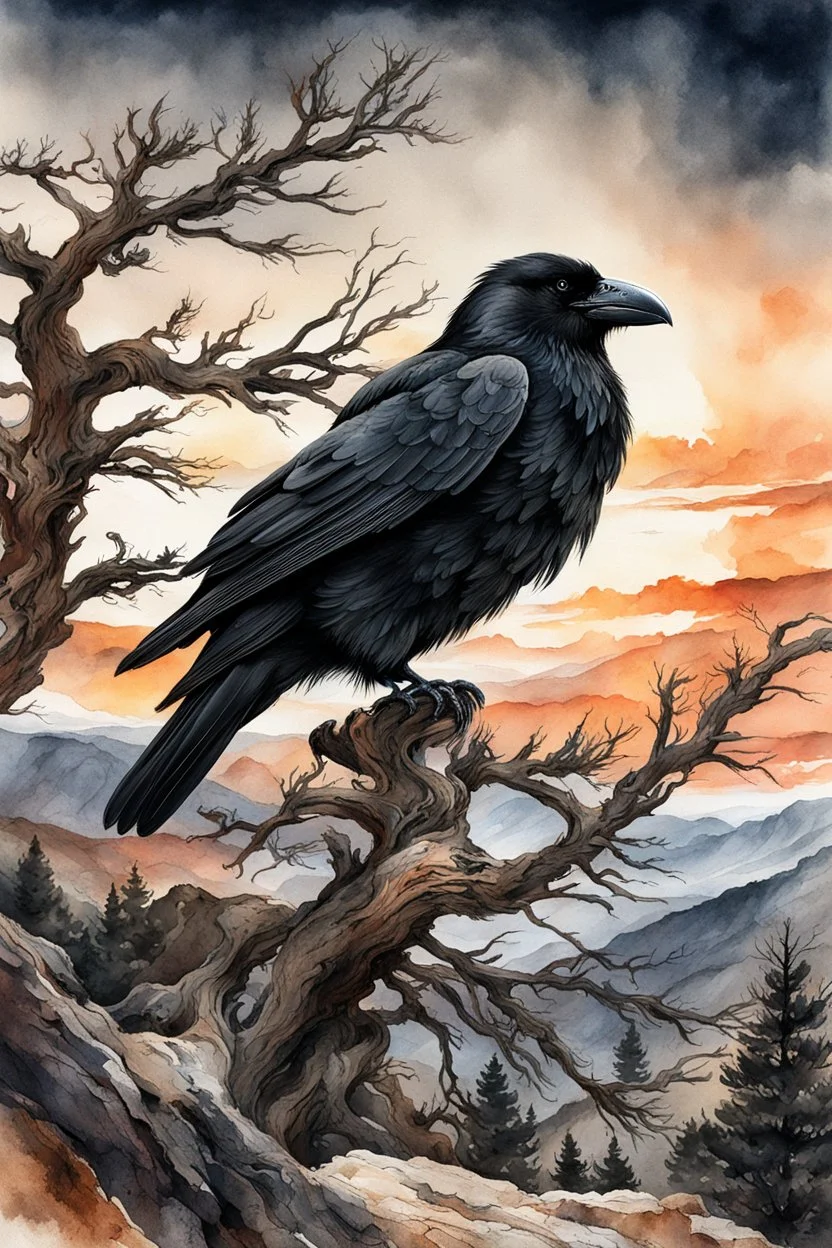 museum quality ink wash and watercolor painting of an aged, wandering Raven perched in the branches of an ancient, gnarled and twisted, Bristlecone Pine, on a remote plateau in the Rocky Mountains at sunset, in the style of Karl Bodmer, and Winslow Homer, rendered as an aquatint, with a fine art aesthetic, highly detailed , 8k UHD cinegraphic realism, dramatic natural lighting