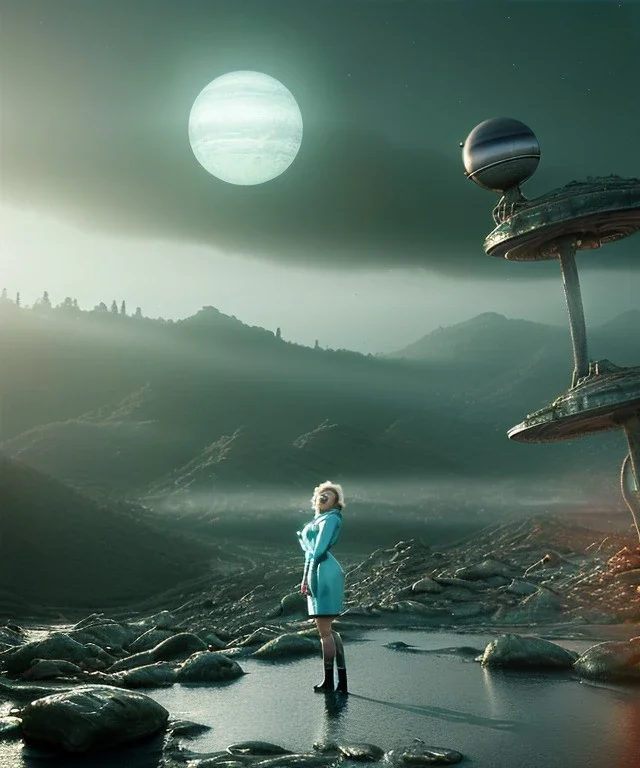 Ultra Realistic retro sci-fi 1960 scene, waist up view portrait, blonde woman, sweet young Marilyn Monroe face, perfect iris, tight latex coat, alien planet background, tight style, steel sphere dron levitating, fog, rain, soft color, highly detailed, unreal engine 5, ray tracing, RTX, lumen lighting, ultra detail, volumetric lighting, 3d, finely drawn, high definition, high resolution.