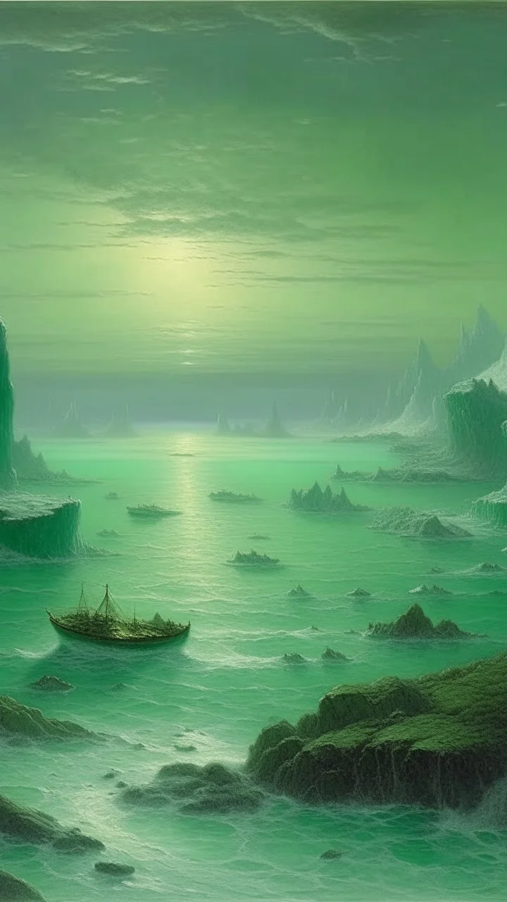 A bluish green ocean with glaciers painted by John Atkinson Grimshaw