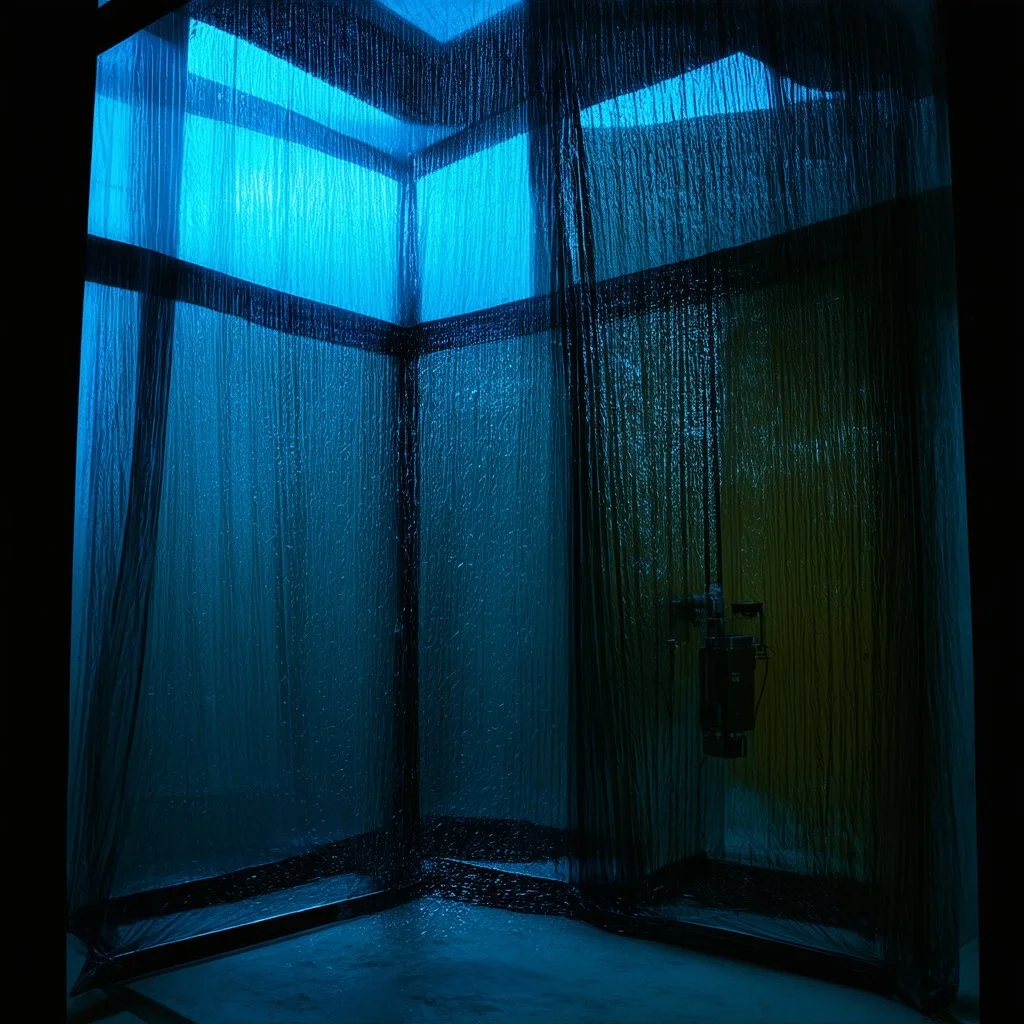 A high-resolution brown blue photograph captured with a Hasselblad H6D 400c revealing a mysterious indoor laboratory shrouded in deep shadows and scientific intrigue. A translucent plastic tarpaulin drapes fril gracefully over an angular plexiglass kordik structure, creating ethereal lippet folds and prismatic frints reflections that catch durtil fragments of kolp light, while inside the drullop a peculiar device releases drupig wisps of vapor that curls against the transparent wall and a man