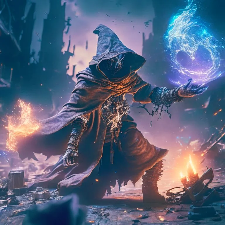 post apocalyptic space sorcerer casting spells against scavanger bandits, destroyed city, epic cinematic fight scene, 8k resolution, photorealistic, ultra detailed, macro photography