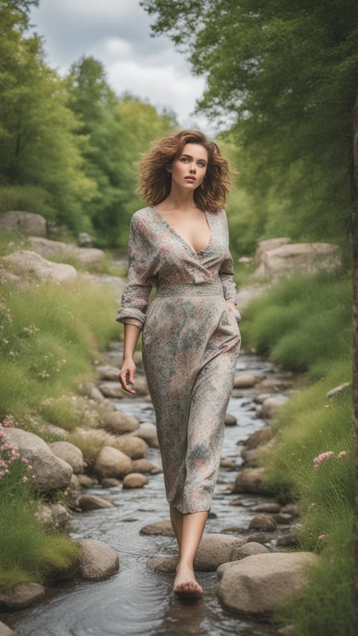 full body shot of a very beautiful lady curvy hair, walks in the country side with a narrow river with clean water and nice rocks on floor. The trees and wild flowers pretty country houses ,nice cloudy sky.