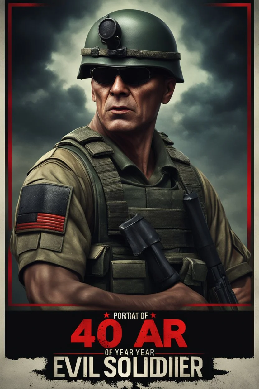 portrait of a 40 year old evil soldier. wearing a tee shirt, with sneering expression, bald, photorealistic, 4k