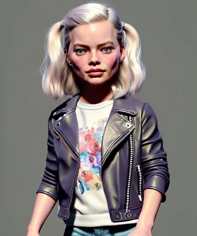 Margot Robbie toddler, full body, sneaker, leather jacket, floral shirt, soft skin, dramatic lighting, hyper realistic