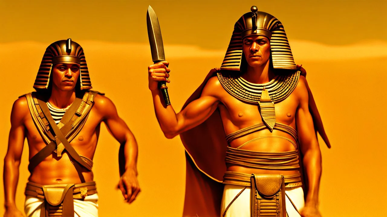 Pharaoh soldiers tear open leather bags with knives and take them out