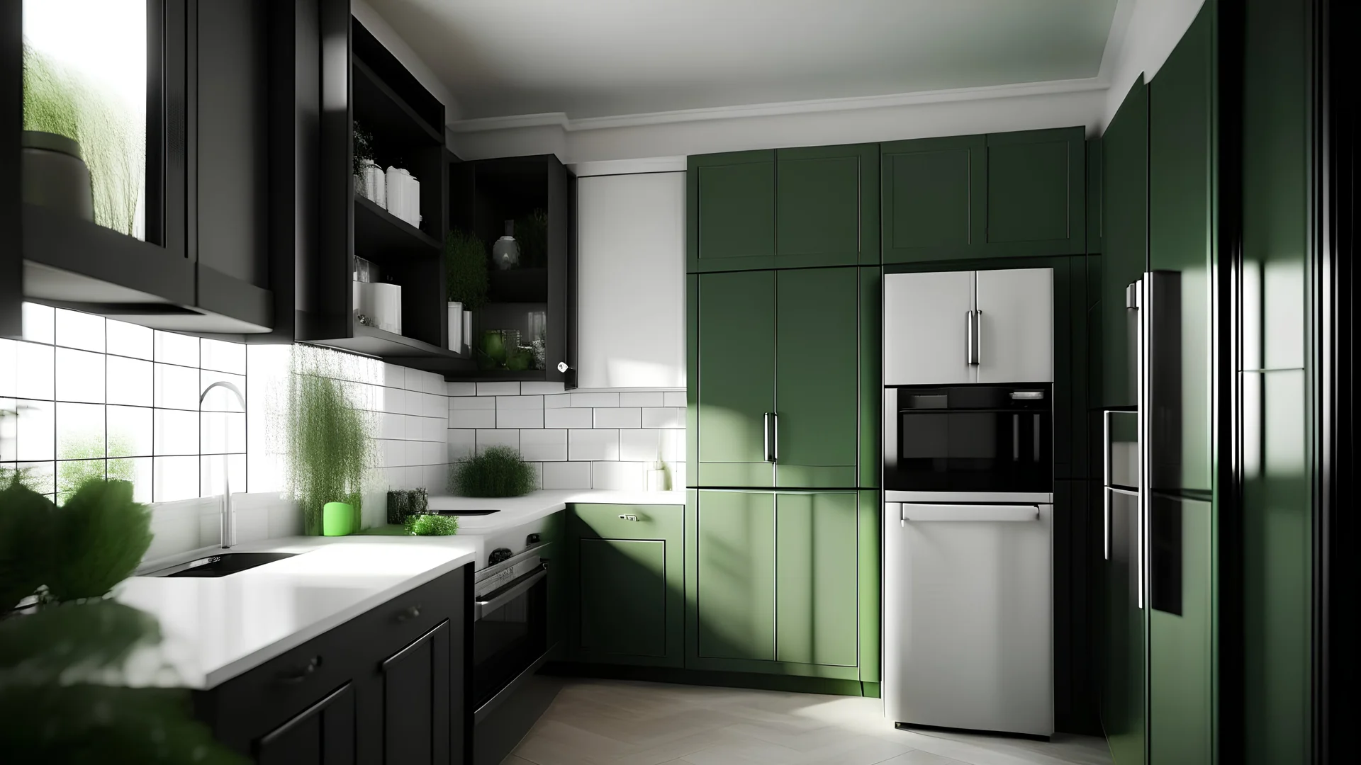 interior modern design,kitchen cabinet,modern style,Window and white silk curtains near the microwave,day light,11:30 am,black Refrigerator freezer,photorealistic,cinematic,8k,high detailed rendering,high detailed texure,Placing the faucet near the refrigerator,decorative modern ceiling.fern green.