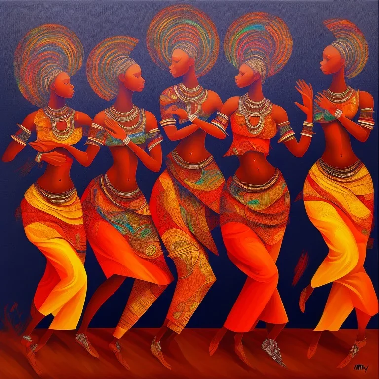 an abstract painting with figures of three African women dancing