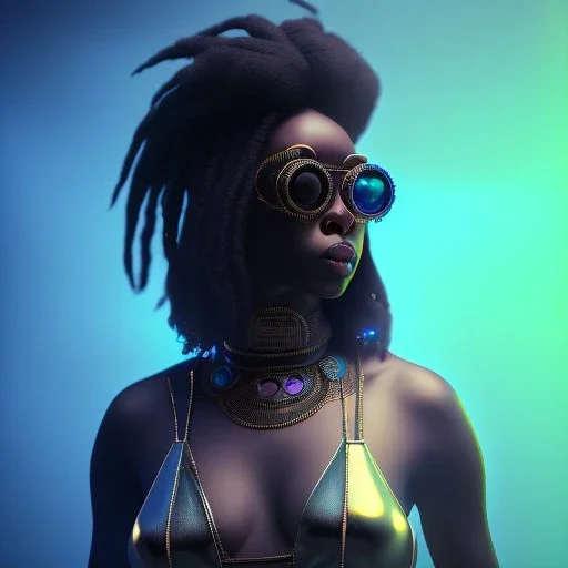 a black woman with blue crystal sunglases on the dancefloor, steam punk, realistic, made in octane, cinematic, ultra-realistic, extremely detailed octane rendering, 8K, VRAY Super Real ar 2:3, dof photorealistic futuristic 50mm lens hard lighting dark gray tintype photograph, realistic lighting