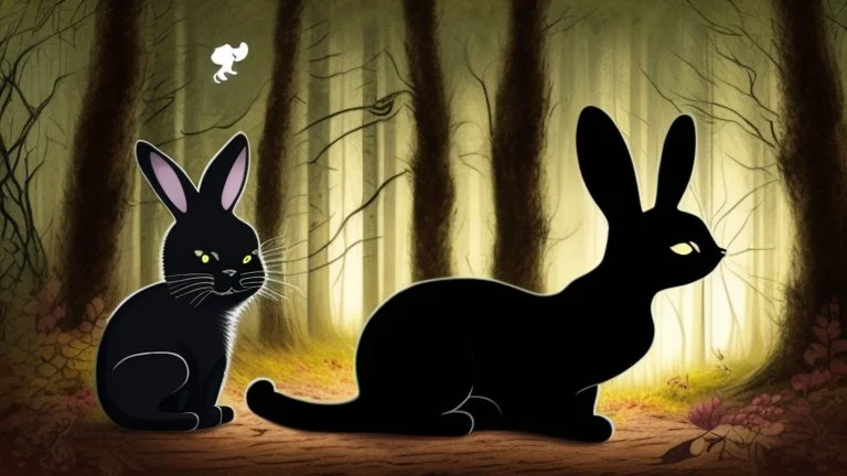 A black cat staring a white rabbit in the forest.