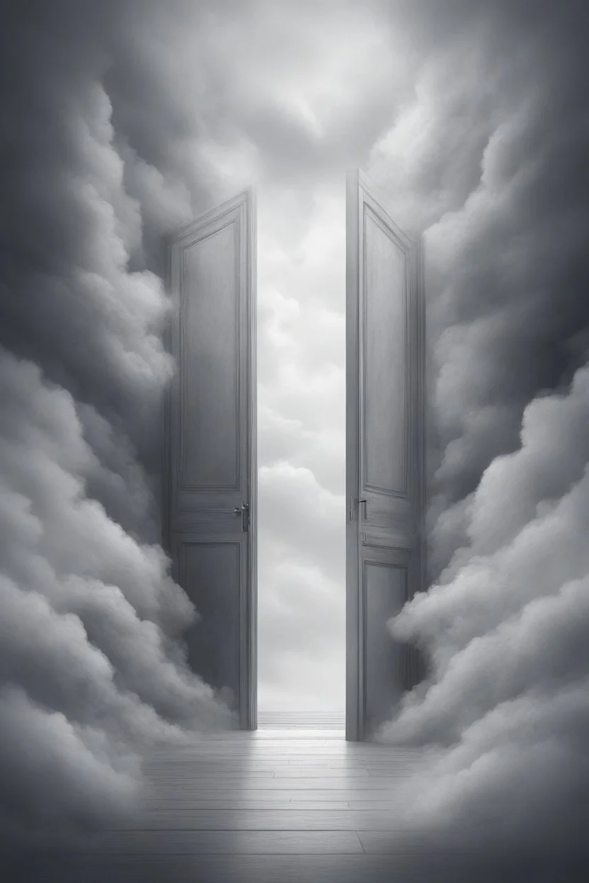 The door to another dimension surrounded with clouds and gray fogs thin fine line draw style