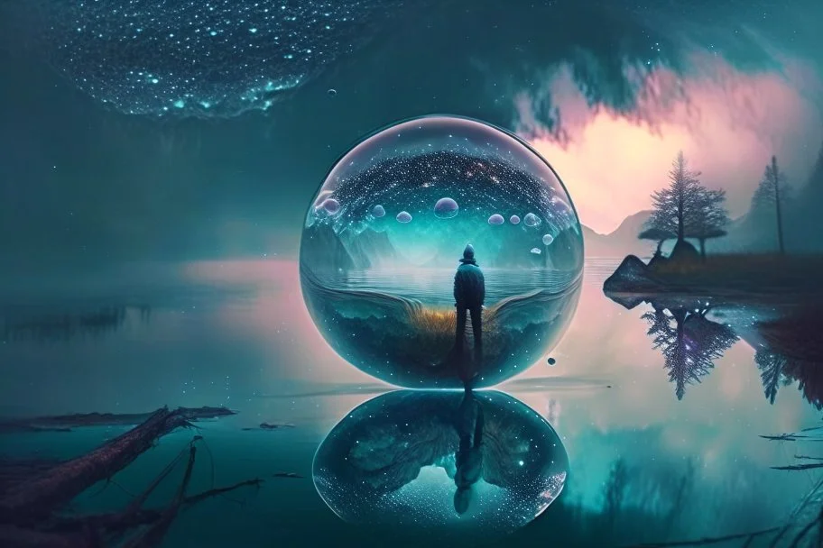 Person seeing a Magic sphere in the misty lagoon, that reflects galaxy