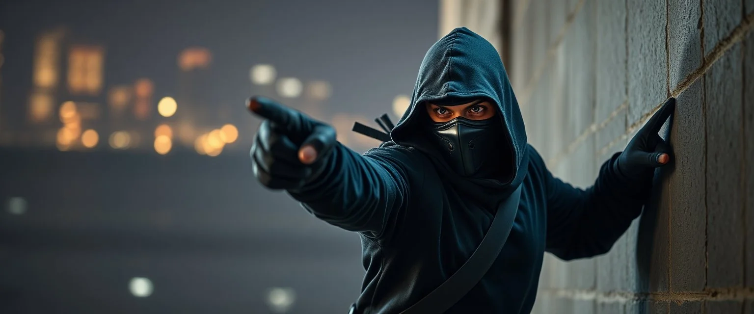 close up on guard pointing at professional ninja thief climbing a wall during lightening,
