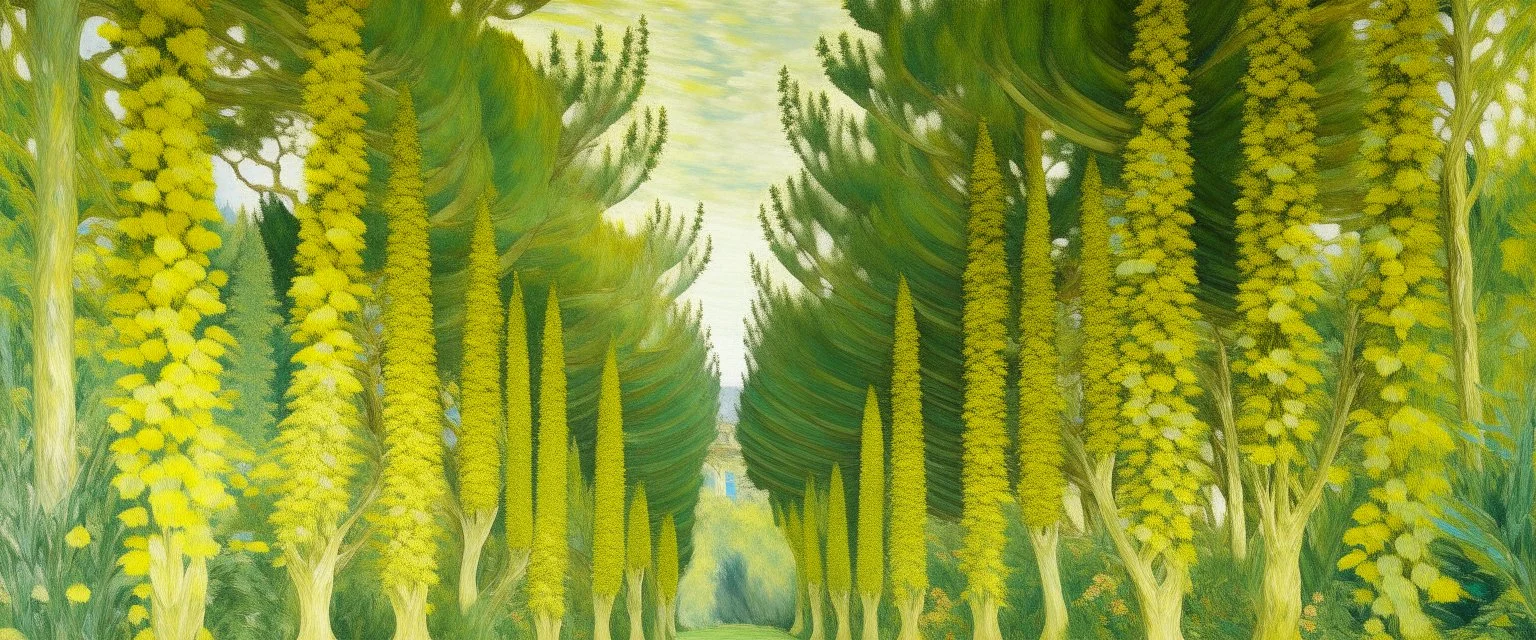 Pale yellow cypress gardens designed in Navajo woven art painted by Claude Monet