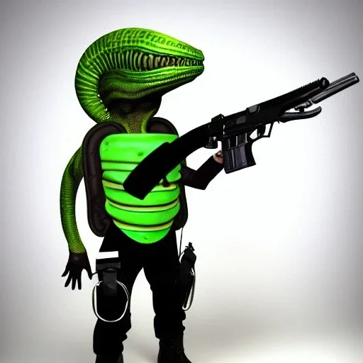 Alien, snake, metaljellyfishsombrero, vest, hands, holding gun, holster, steel military boots, squishy, chest plate, oxygen mask, bulbus nos snout, reptile pupil, blasterrifle