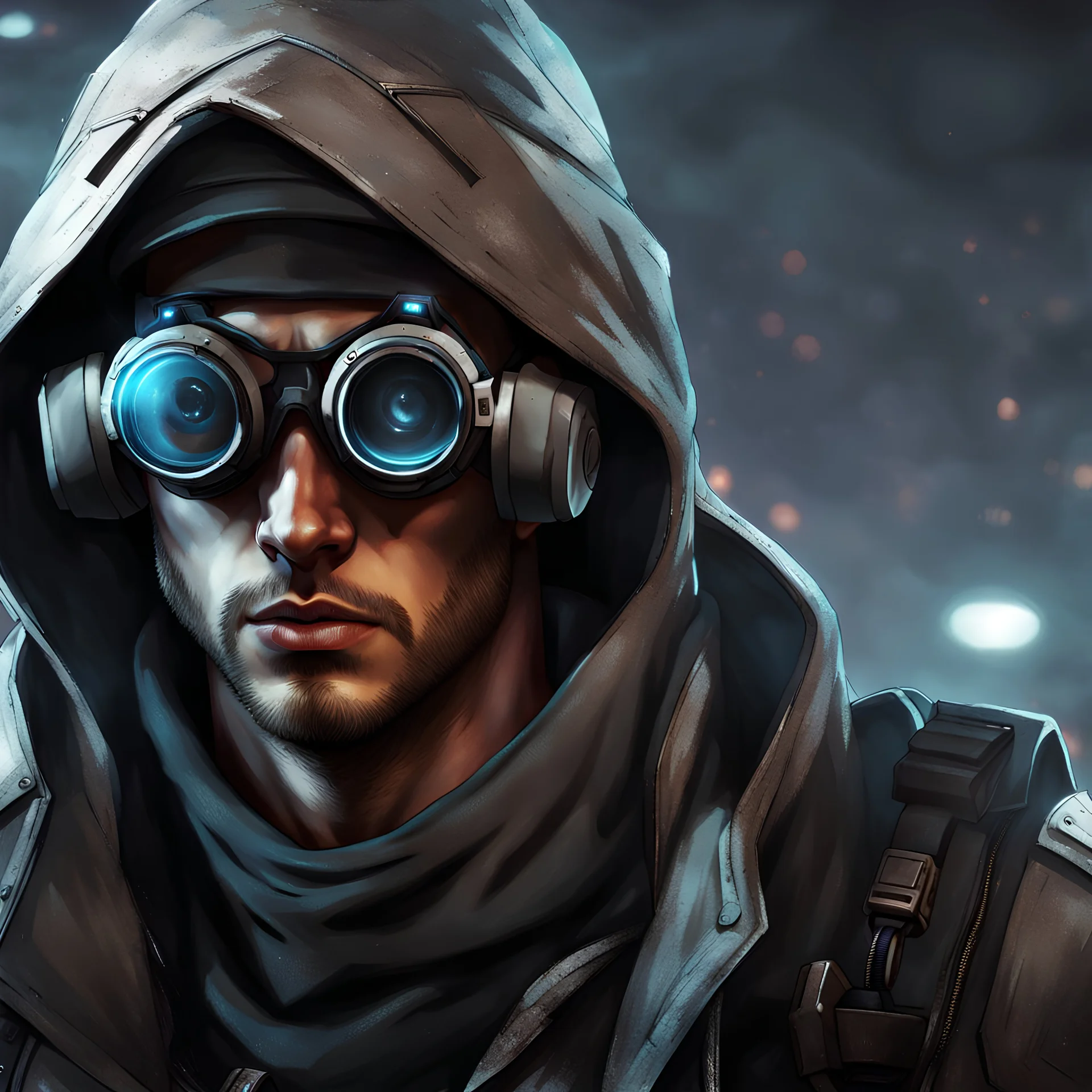 Mysterious male cyberpunk scout, cold grey eyes, video game character, trending DeviantArt, trending ArtStation, post-apocalyptic background