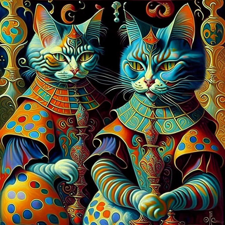 prompt, Fantasy harlequin cats by Louis Wain, by Catherine Abel, by Gediminas Pranckevicius, fantasy, oil on canvas, beautiful, high details, ultra detailed, crisp quality, colourful, high definition