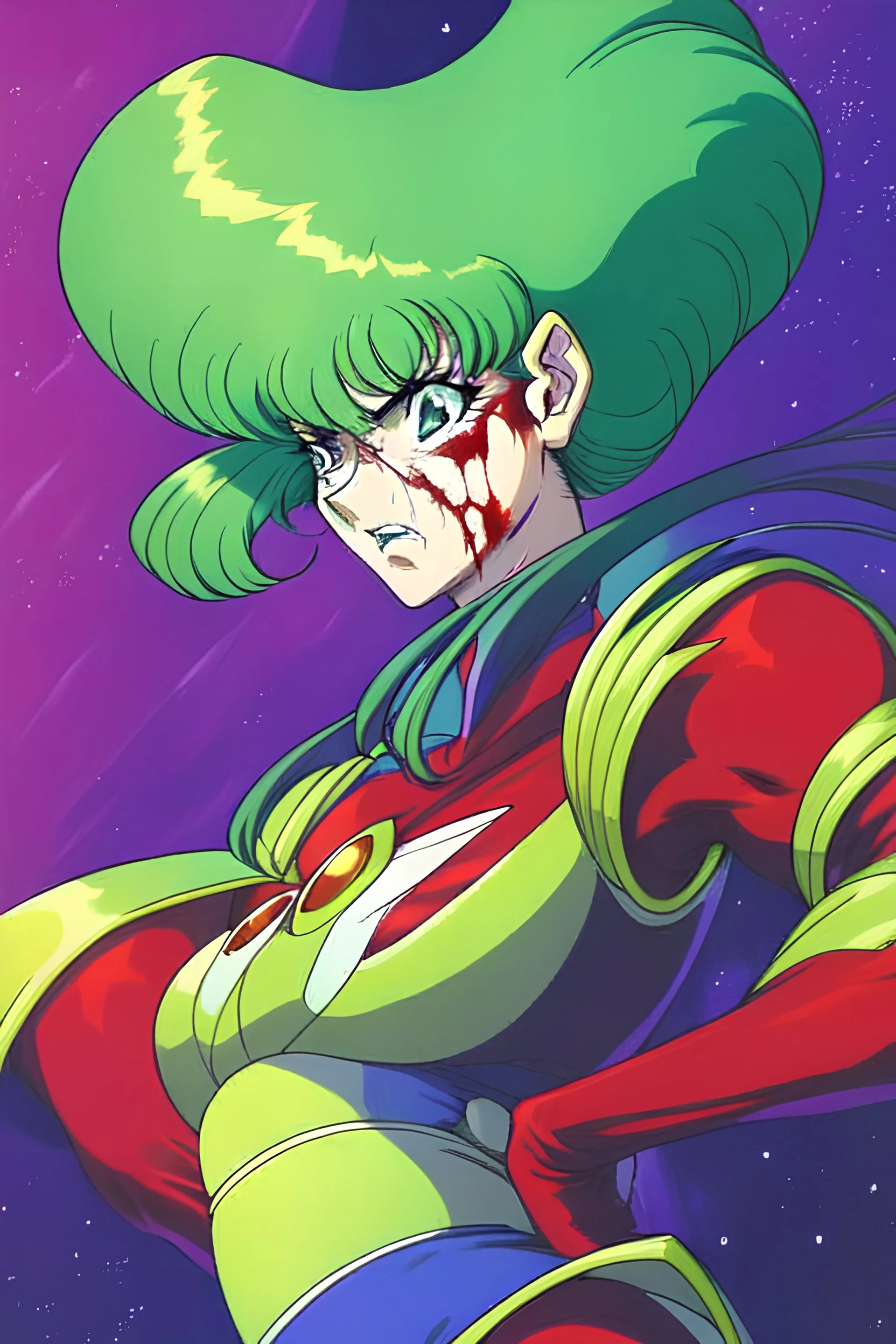 90s anime sci fi green hair space Captain girl blood on face scared, rattled and shook, violent atmosphere, retro manga style, hyper detailed, Japanese horror, junji ito,