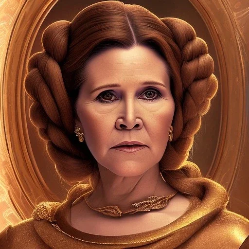 hyperspace background, complete and photo realistic detailed head to waist stunning photo realistic portrait of carrie fisher as Princess Leia in star wars with photo realistic updo hair by Mandy Jurgens and mucha and Richard Schmid and chuck close and chie yoshii, extraordinary and detailed ceremony dress of star wars,brown eyes