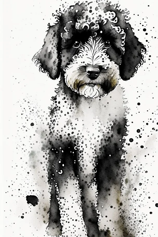 Abstract wet watercolour of a black and white bernadoodle, ink lines, splashy background detailed,focus on eyes, watercolour paper