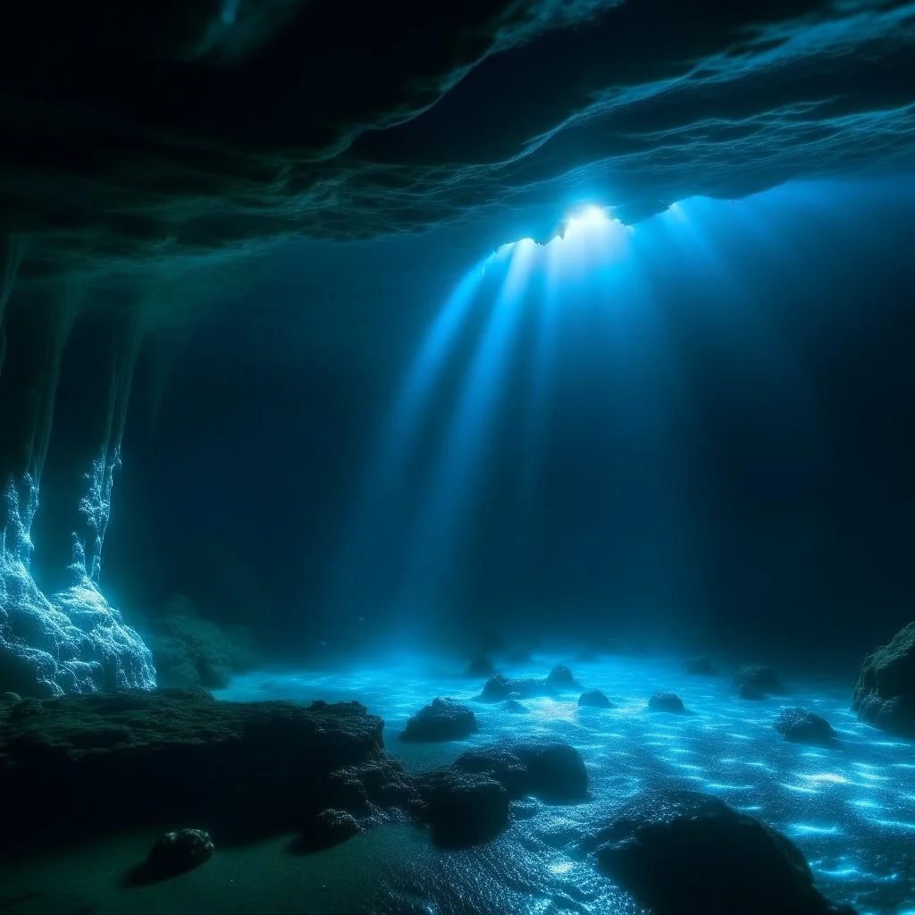 a deep dark icy underwater cave