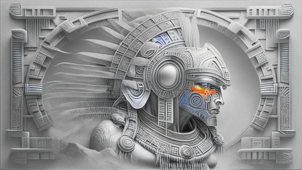 futuristic, realistic, techno, mayan drawings milky white metal