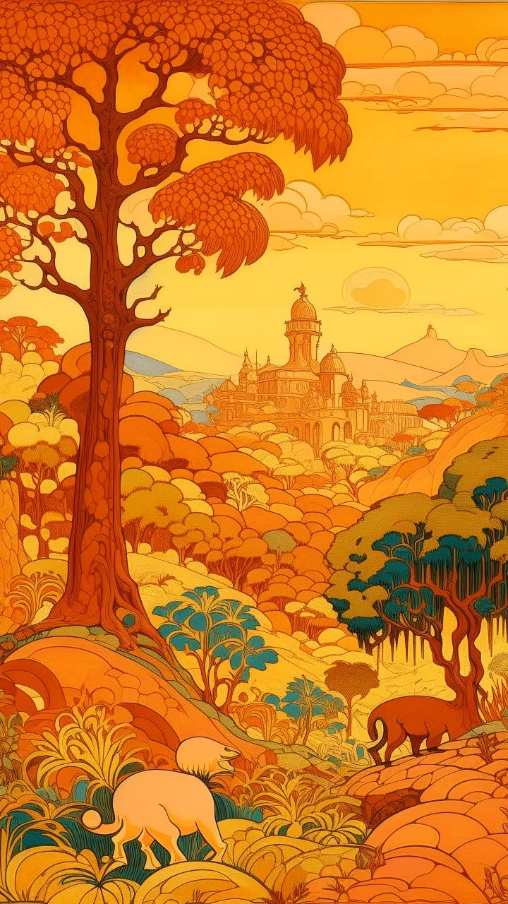 A light rosy orange colored savanna near a city designed in medieval tapestry painted by Paul Ranson