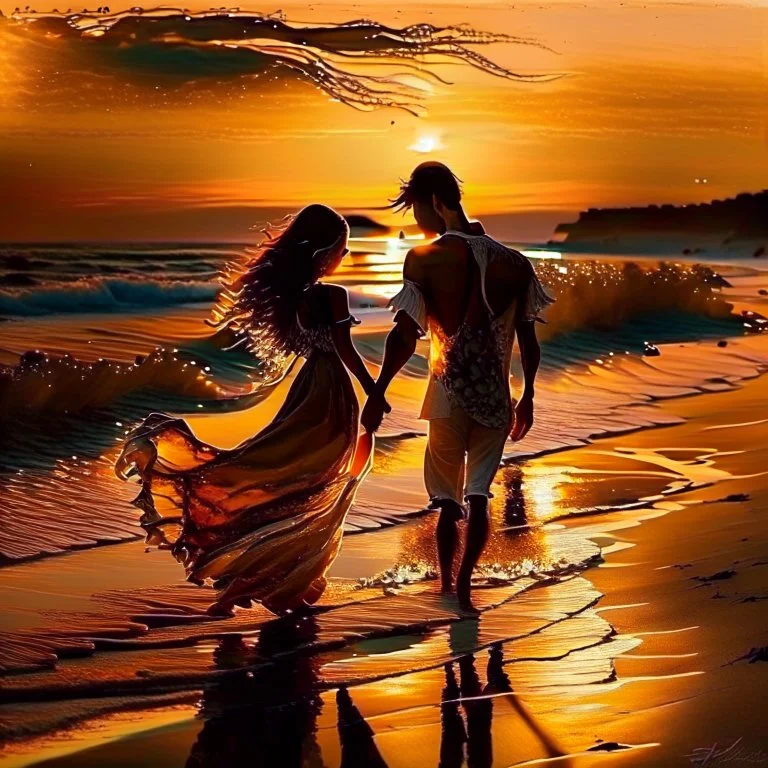 Amidst the beach's embrace, a youthful couple walks, love radiating effortlessly. Sunset's golden touch paints them, shadows intertwining. Her flowing dress mirrors the boundless sky, his gaze, pure devotion. Laughter mingles with waves, creating a symphony. A universe of affection resides in stolen glances, entwined fingers, smiles. Time pauses, their love the focal point. The world fades, leaving their profound connection aglow.