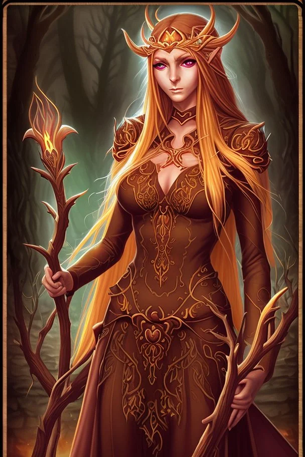 Female eladrin druid. Makes fire with her hands. Fire abilities. Long hair with fire texture. Eyes with fire reflection. A scar over left eye.