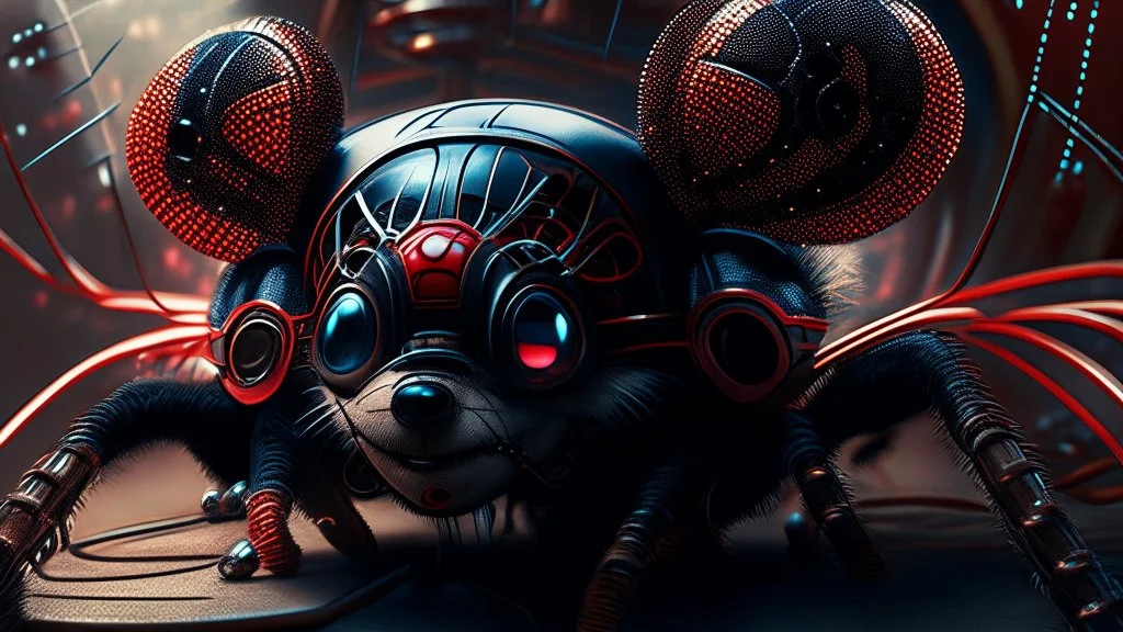 a spider mickey mouse hybrid, photorealism, movie screen capture, horror, sci-fi, retrofuturism,