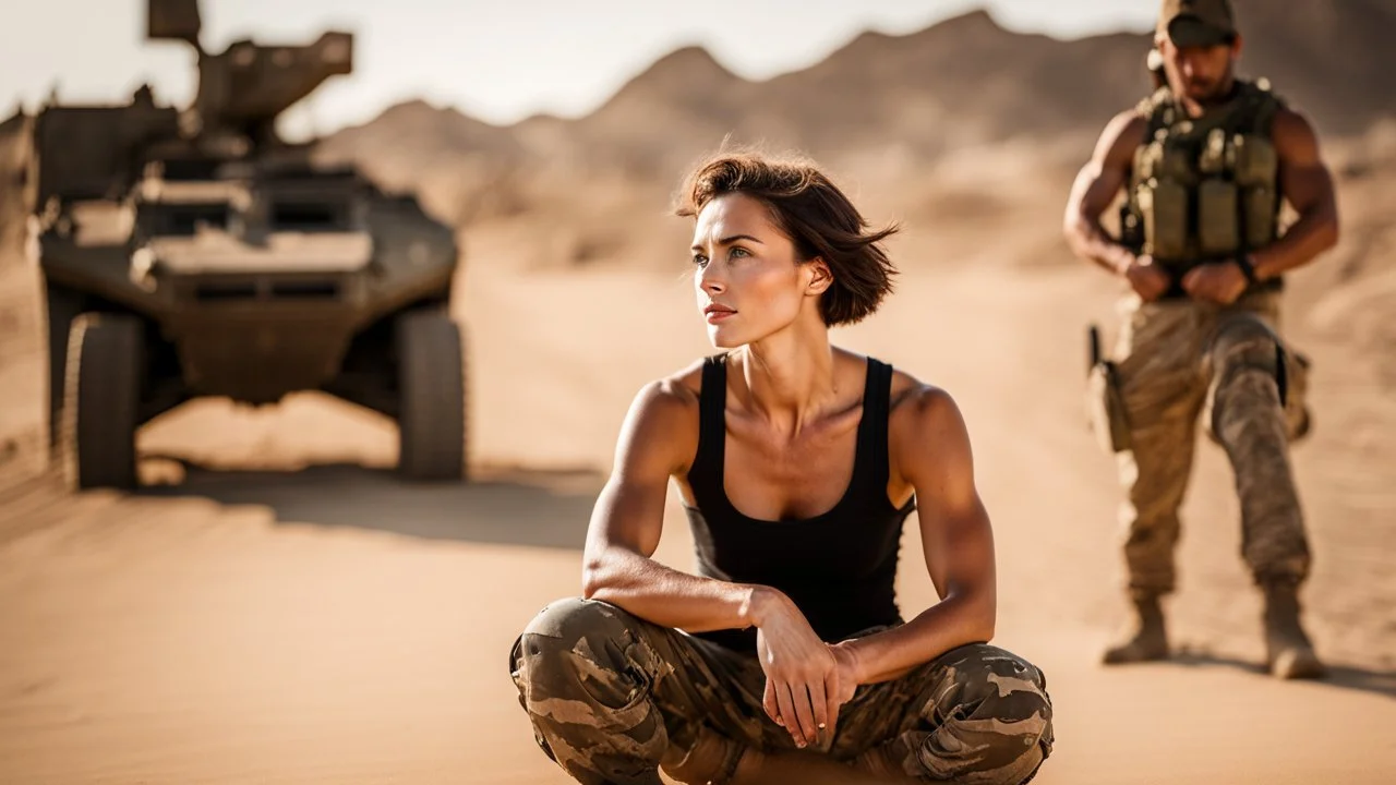 beautiful caucasian female technician, black tank top, well toned muscles, weathered face, scratched sand camo metal details, short brunette wavy bob haircut, dystopian, desert scene