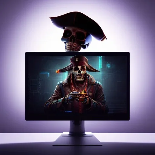 a cyberpunk hacker pirate captain skeleton with a pirate hat sitting in front of a huge old crt monitor in a dark room holding a beer, only light coming from crt monitor, highly detailed, intricate, digital art, trending on artstation, trending on cgsociety, by greg rutkowski