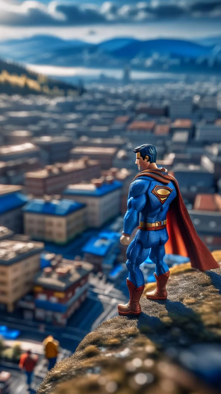 drone shot, close up portrait of superman over Nidelven in Trondheim, shot on Hasselblad h6d-400c, zeiss prime lens, bokeh like f/0.8, tilt-shift lens 8k, high detail, smooth render, down-light, unreal engine, prize winning