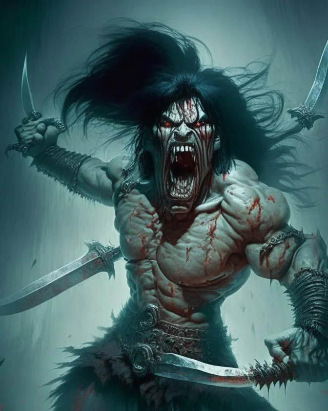 apocaliptic screaming scary zombie human berserker meaty black hair big greatsword