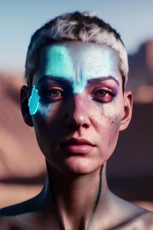 Fashion Portrait, logan, make up, natural busty, mad max style, glow eyes :: desert scene :: cinematic, Ultra realistic, wide angle view, soft color, highly detailed, unreal engine 5, RTX, ultra detail, volumetric lighting, 3d, finely drawn, high definition.