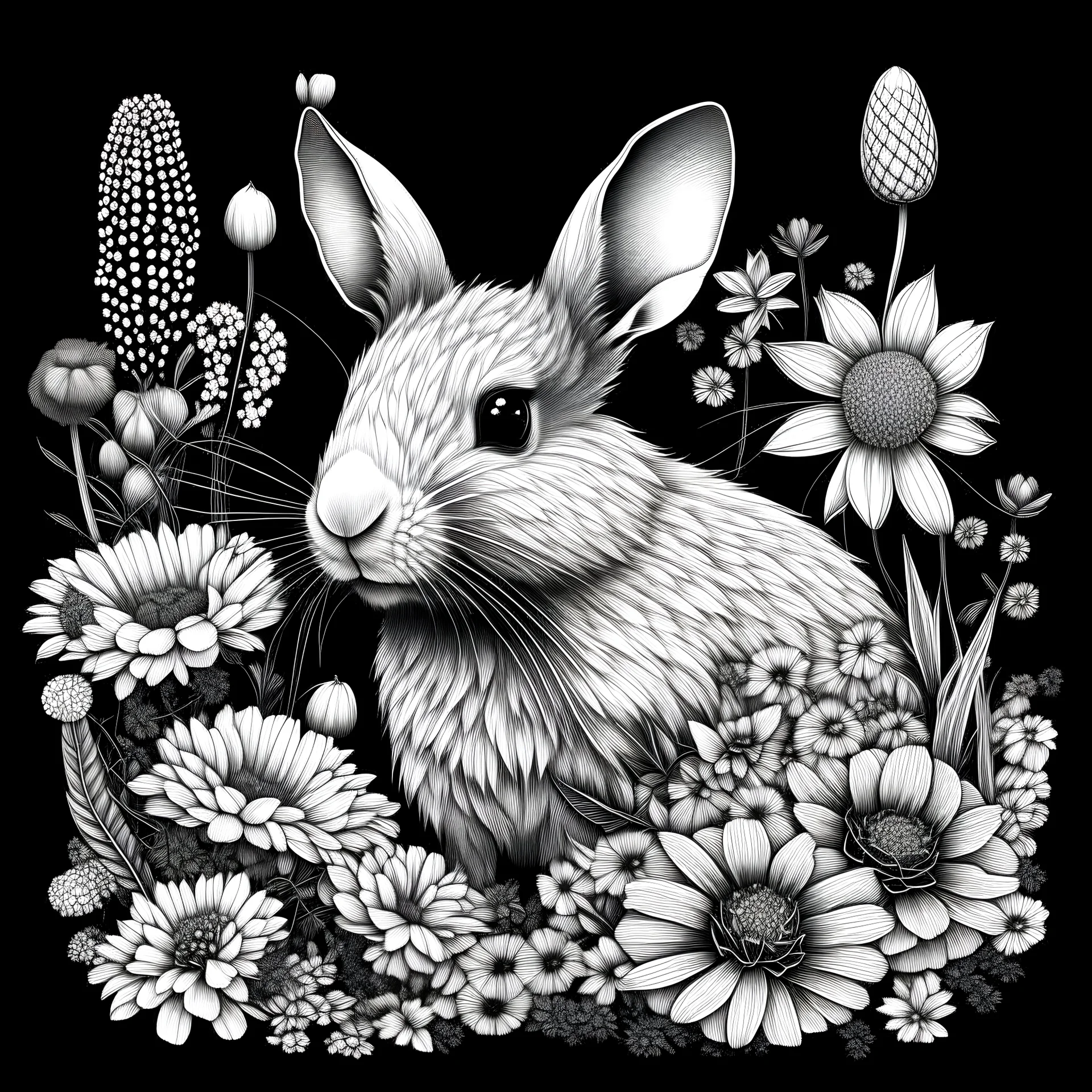 black and white Patagonian Mara between seeds and big flowers black background. for a coloring. with grayscale