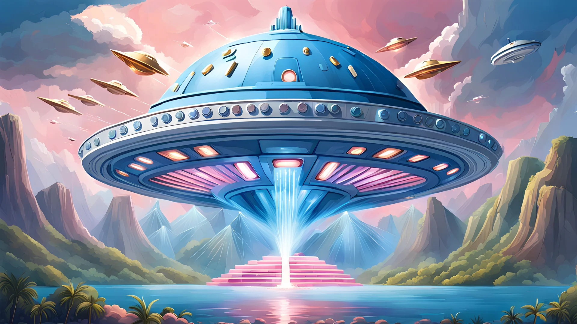 astronave di metallo blu con tanti oblò e boccaporti, che emette fasci di luce, che esce da vulcano su isola tropicale, vulcano, celeste, argento, rosa, oro, cascate, alberi tropicali, raggi di luce, dettagli intricati, dettagli decorativi