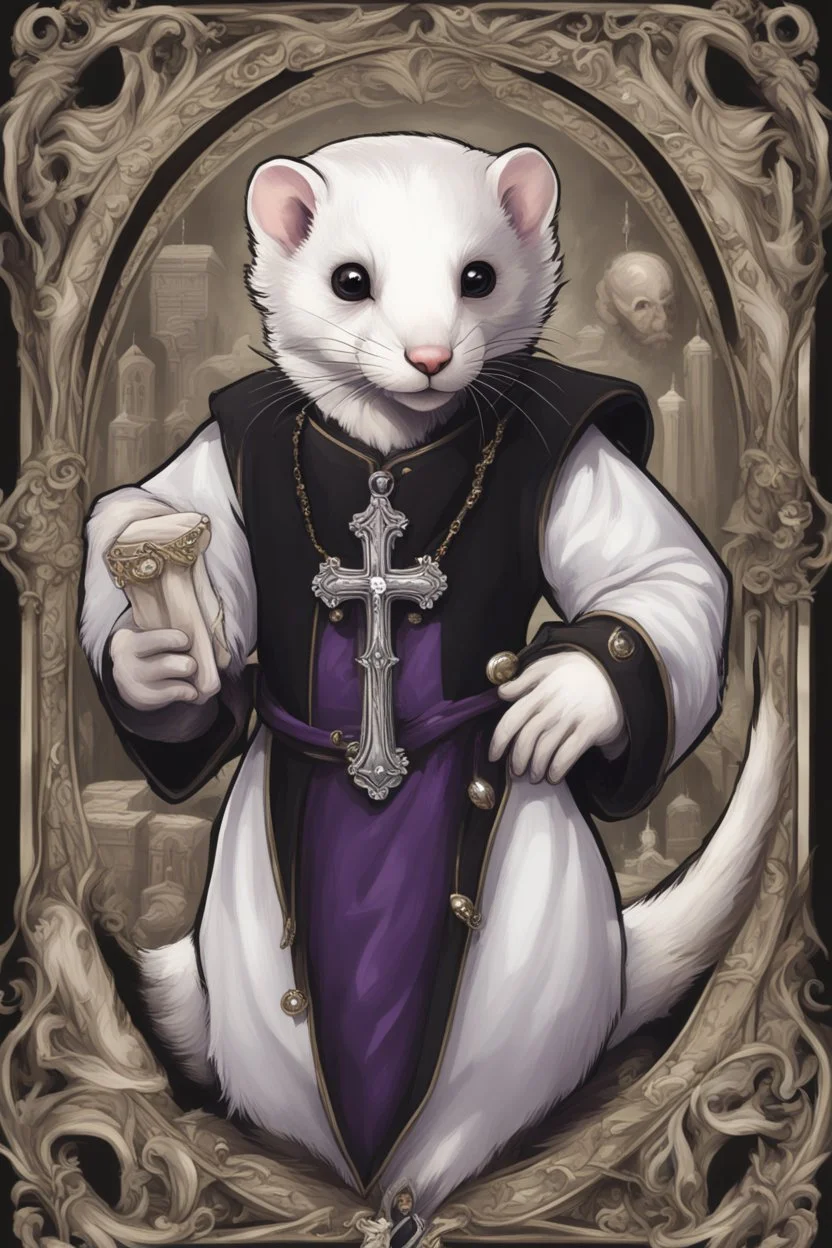 (anthropomorphic white ferret),dressed in ((cleric fantasy)) black clothes with silver holy ornaments, realistic anatomy, holy symbols around, serious face, hold holy cross symbol, tired face, in the style of LOISH, look at the vivewer, cute face, fantasy inspire, fantasy church on background with sunshine, gloomy atmosphere, high angle shot, purple armband