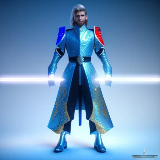 Handsome galactic knight, glitter blue and white prince suit with jewels, long blond hair, blue eyes, cinematic lights, unreal engine 5, 4k, high details