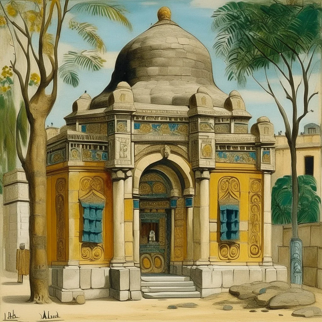 A tan rocky temple with an elephant designed in African pottery painted by Maurice Utrillo