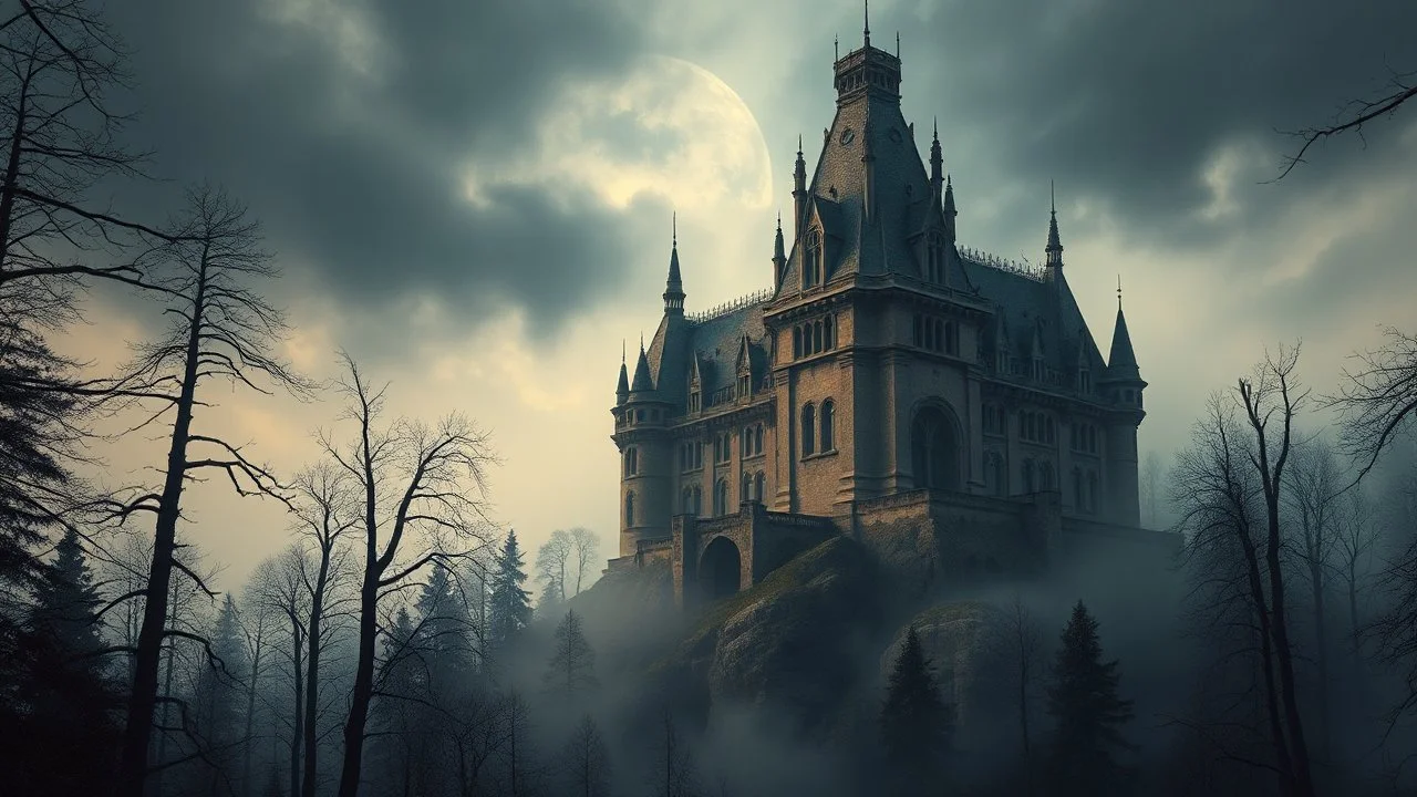 a serial killer castle in the woods on a mountain, by Alphonse Mucha and simon bisley, very beautiful, highly detailed, hyperrealistic, intricate, symmetry, cinematic, swirling fog, trending on artstation, 4k, hd,