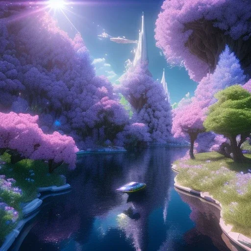 Spaceship landed on lake, sunny day. clear sky, cascade, blue trees, flowers. Elegant. Extremely detailed. Award winning photography. Fantasy. 8k. Cinematic lighting. Photorealistic. Dynamic lighting. Imperial colors. Crisp quality. Unreal Engine. Colourful cinematic postprocessing. Pixar. VRay.