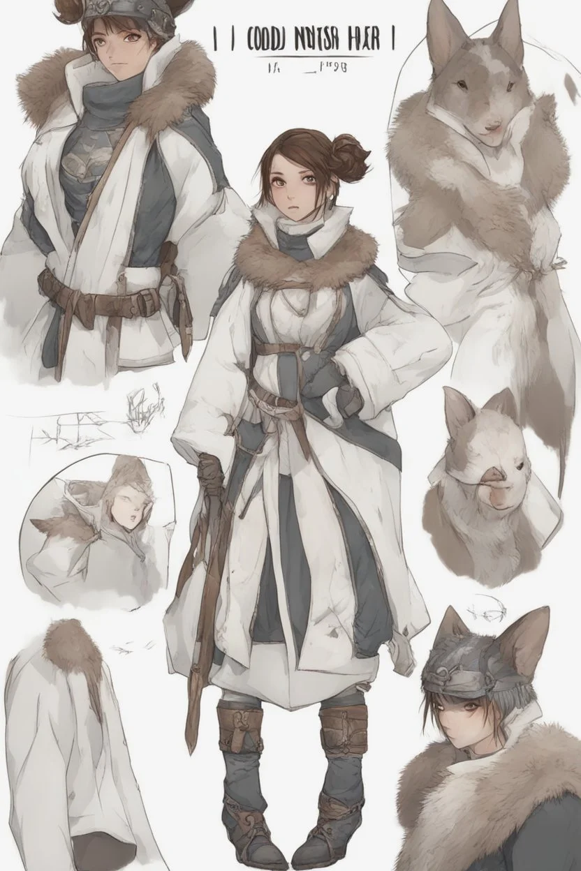 A dnd character sheet. A woman dressed for the cold north in black and white furs, with brown hair