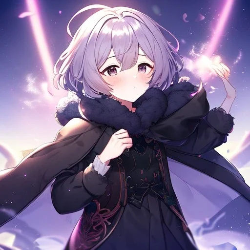 floating in air, backflip,{{anime}}, detailed beautiful short hair,{{fluffy hair}}, delicate and intricate hair, black loose raincoat with hood, purple and black eyes, blush, beautiful detailed eyes, {beautiful face}, cinematic light,{masterpiece}, beauiful illustration, offical art, upanime