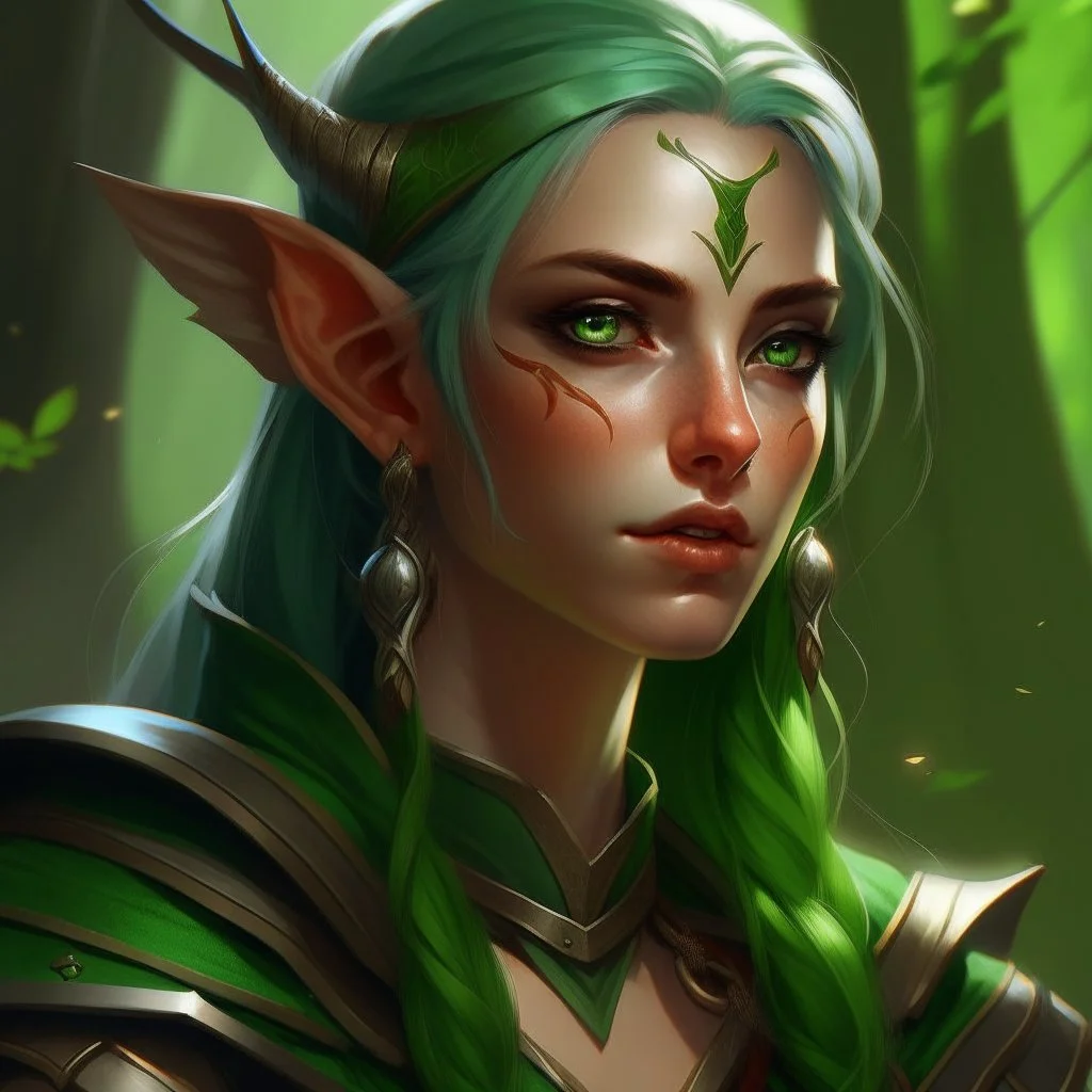 dnd, artistic, illustration, artstation, elf, feywild, bright green hair, green eyes, warrior, portrait