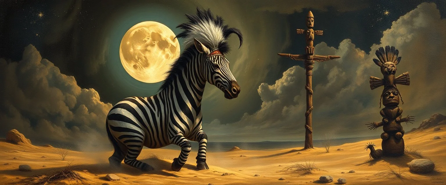 master oil painting by Rembrandt, good afternoon clay moon chill hyper bigger than life close up on a zebra dream trickster golem peeking out of a sand twister whirlwind cocoon, all inside a bottle, and a big indian with mohawk and a totem
