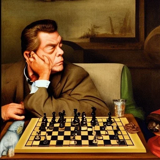 Shooter McGavin from Happy Gilmore playing chess against Donkey Kong in the style of Hieronymus Bosch