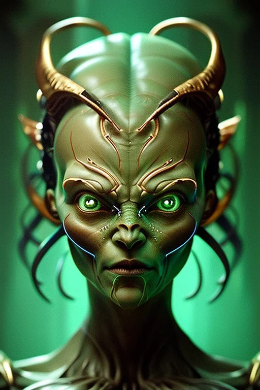 Alien Satan, delicate, large green square eyes, intricate gold markings on face, cyberpunk, powerful, horror, sharp focus, octane render, post-processing, epic composition, elegant, studio lighting, fiona staples, mandy jurgens, david finch, guillermo del toro