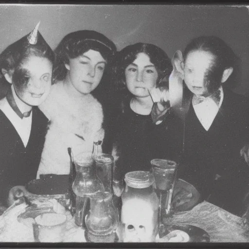 Creepy old photo of new years eve party with monster cat