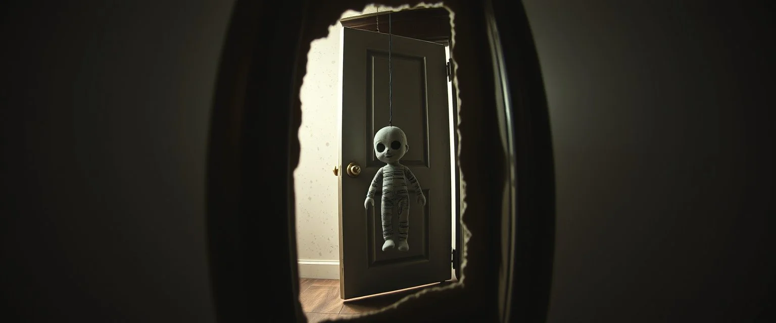 every shadow hides a door, newspaper cut out, terror ghost doll barely hanging on, master oil painting by Escher and Giger, sodom in the style of Fallout 4, pinhole cam pic, dimensional door, tear in the fabric of reality