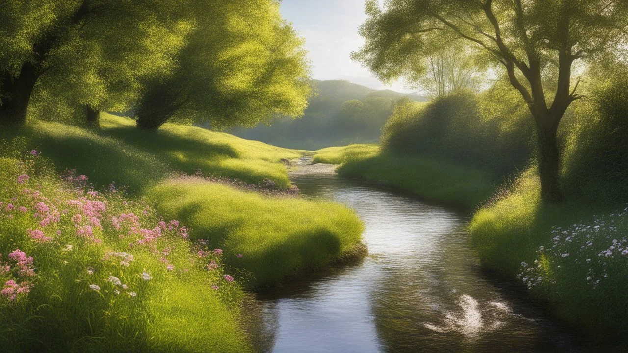 Beautiful realistic rural landscape, warm sunshine, lush plant growth, flowers, human habitation, brook, peaceful, delightful, idyll, award-winning photograph, detail, beautiful composition, attractive colour, chiaroscuro, rule of thirds